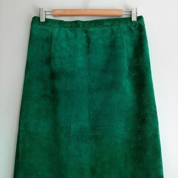 Vintage 100% Genuine Suede Leather Midi Pencil Skirt Green Sz M Flawed - Picture 2 of 16